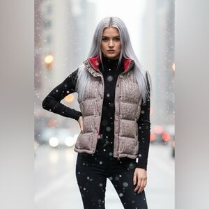 TOMMY HILFIGER Puffy Vest Plaid Red White Blue Preppy Fall Cozy Collar Small